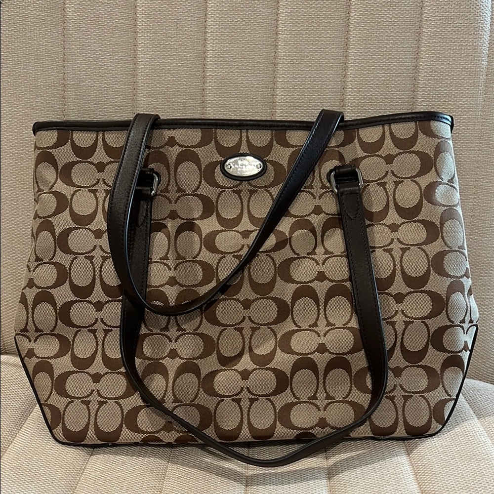 Coach Brown Monogram Tote with Leather Trim